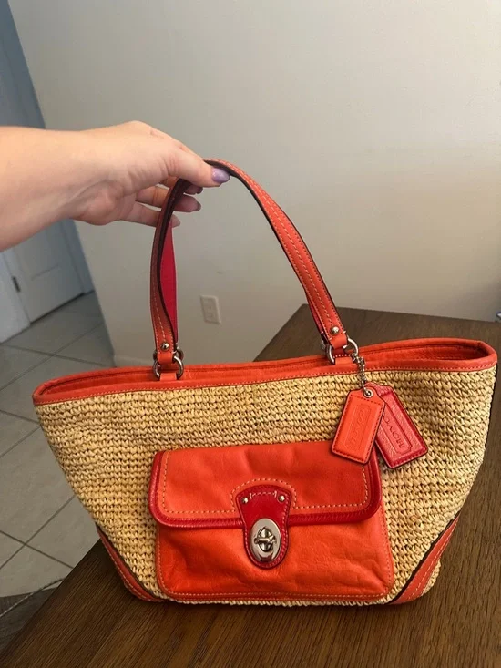 Coach Straw Tote #22904 Coral and Red Leather Trim EUC - Picture 3 of 7